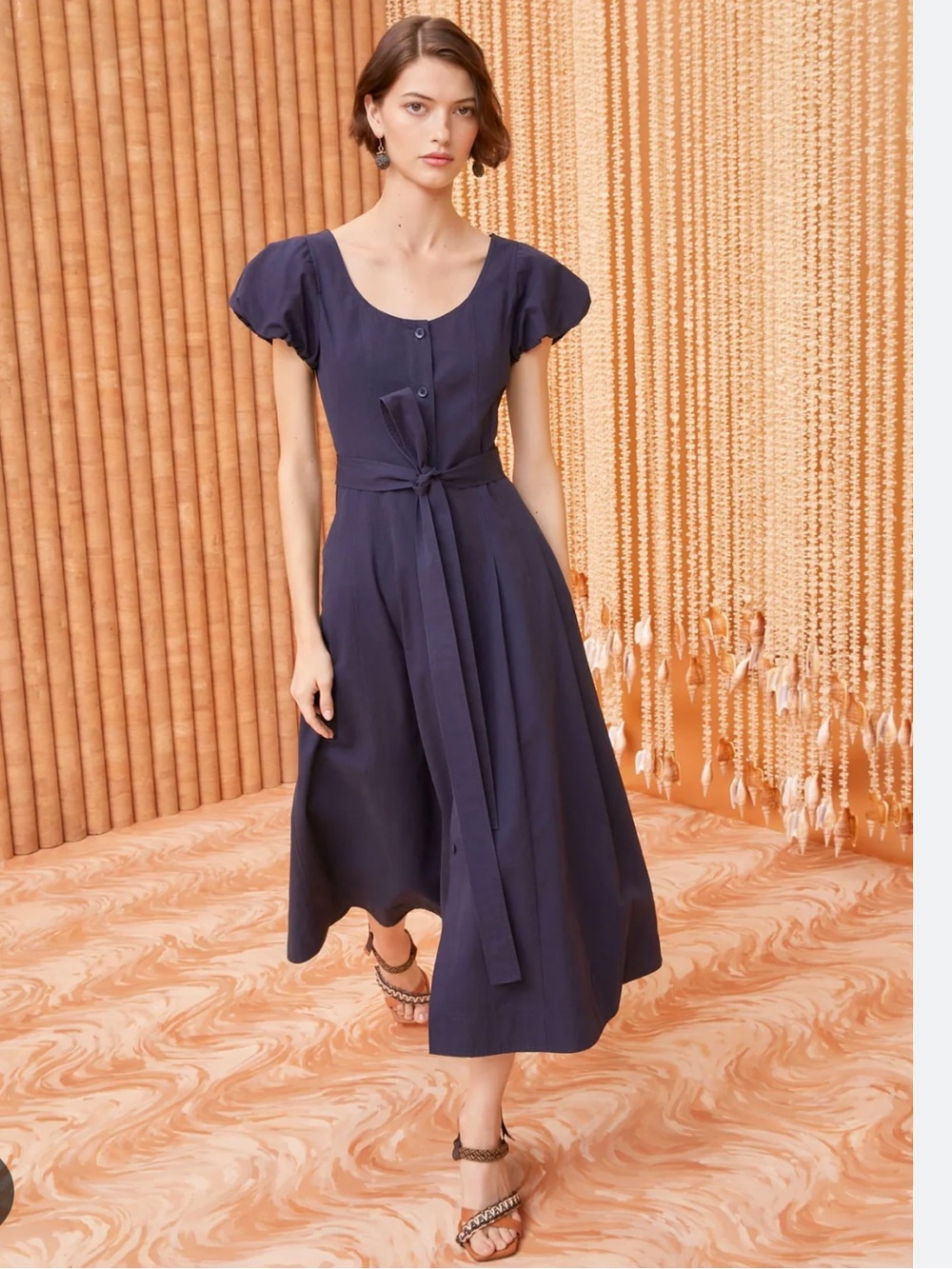 Ulla Johnson Navy Puff-Sleeve Button-Front Midi Dress with Waist Tie